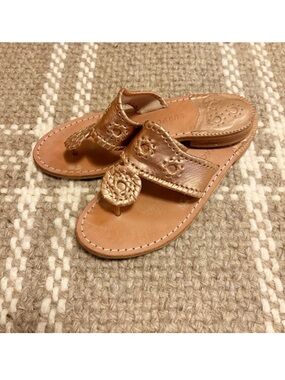 JACK ROGERS Original Jacks Leather Flat Sandal Metallic Rose Gold EUC Sz 7.5